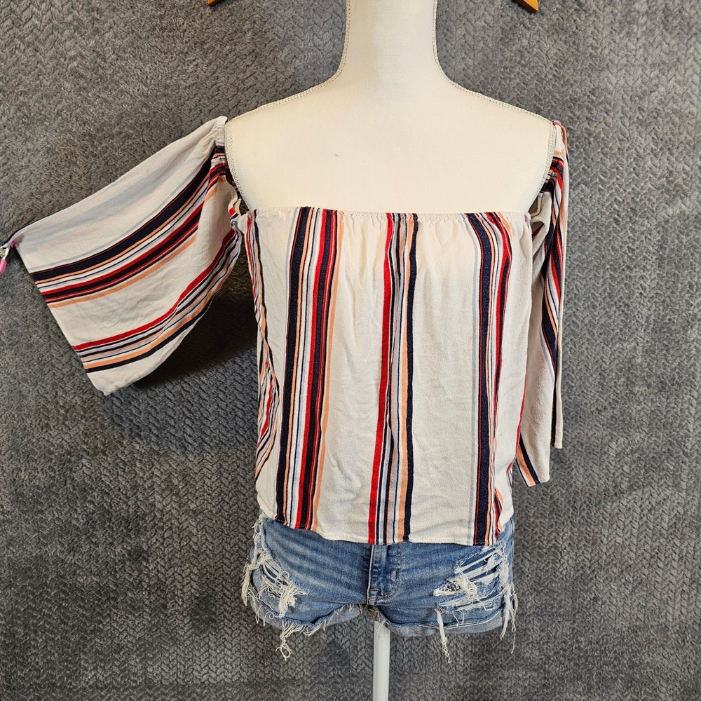 Contemporary Boho Striped Off the Shoulder Bell Sleeve Blouse Women Medium Flowy